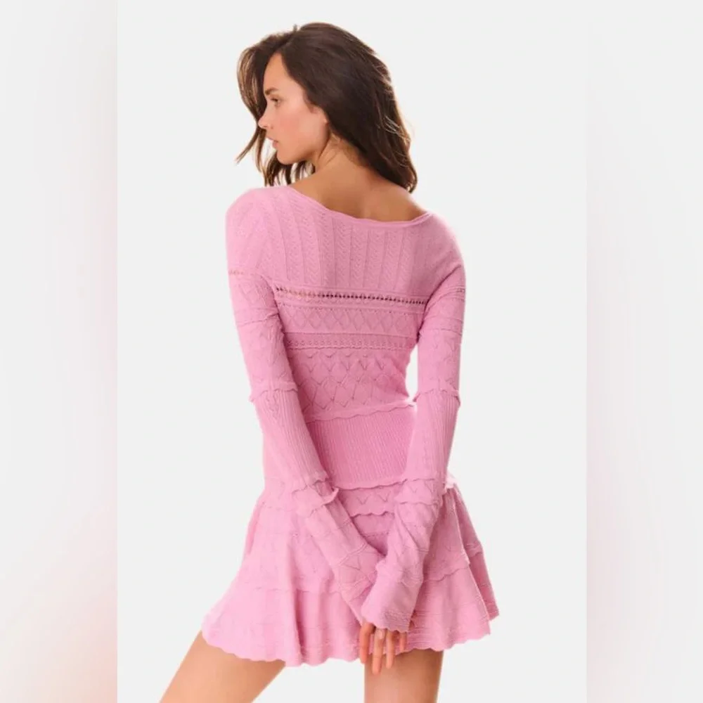 LoveShackFancy Lavender Pointelle Knit Mini Dress, Rose Clay Pink, Fit & Flare - Picture 3 of 8